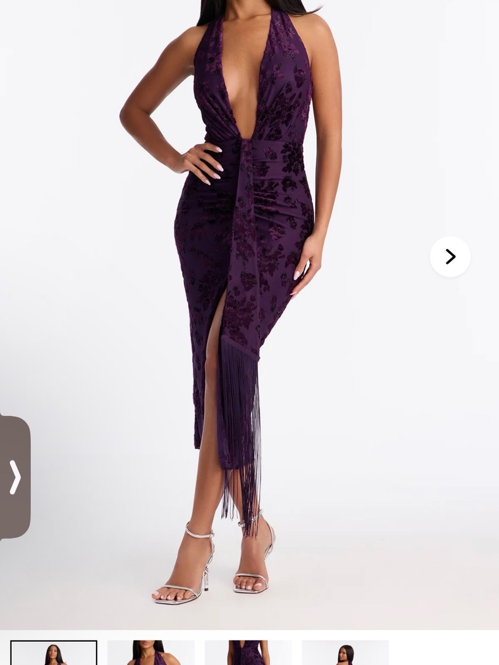 Fashion Nova Plunge Halter Fringe Midi Dress in Purple